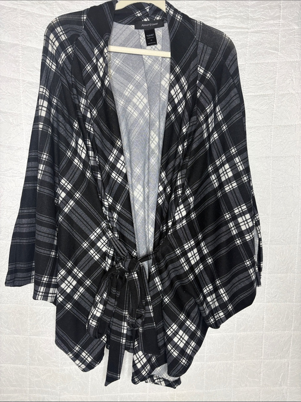 Ashley Stewart Plaid Open Front Cardigan Belted Black White Size 12